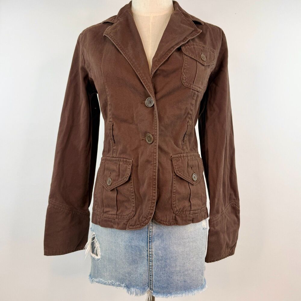 Brown Cotton Utility-Style Cargo Blazer Jacket Pockets Button Up Y2K Boho Size M